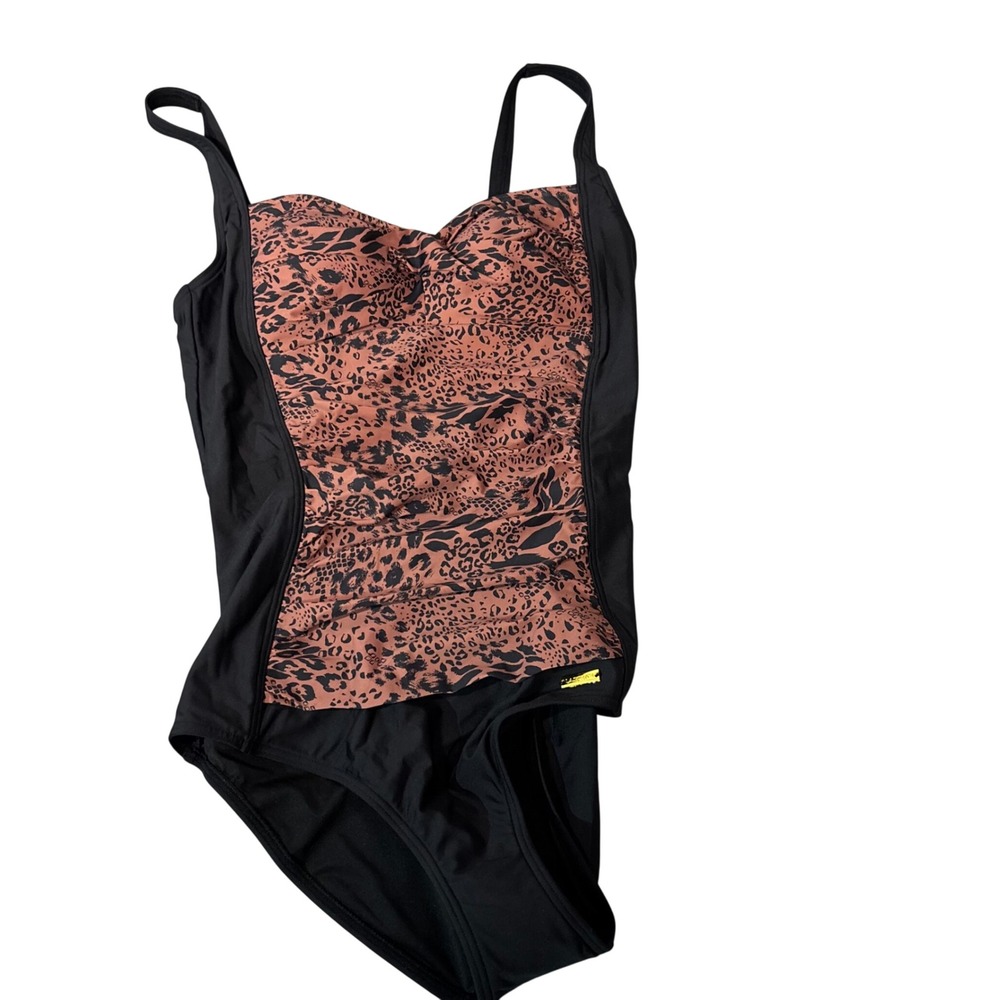 Lascana Venus‎ One Piece Swimsuit Womens 10 Black Brown Animal Print Ruched NWT